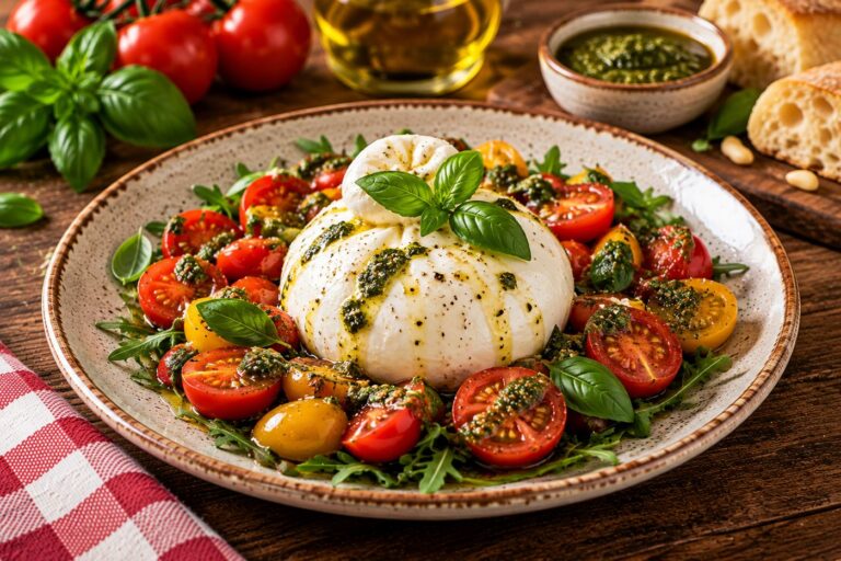 Burrata con tomate y pesto